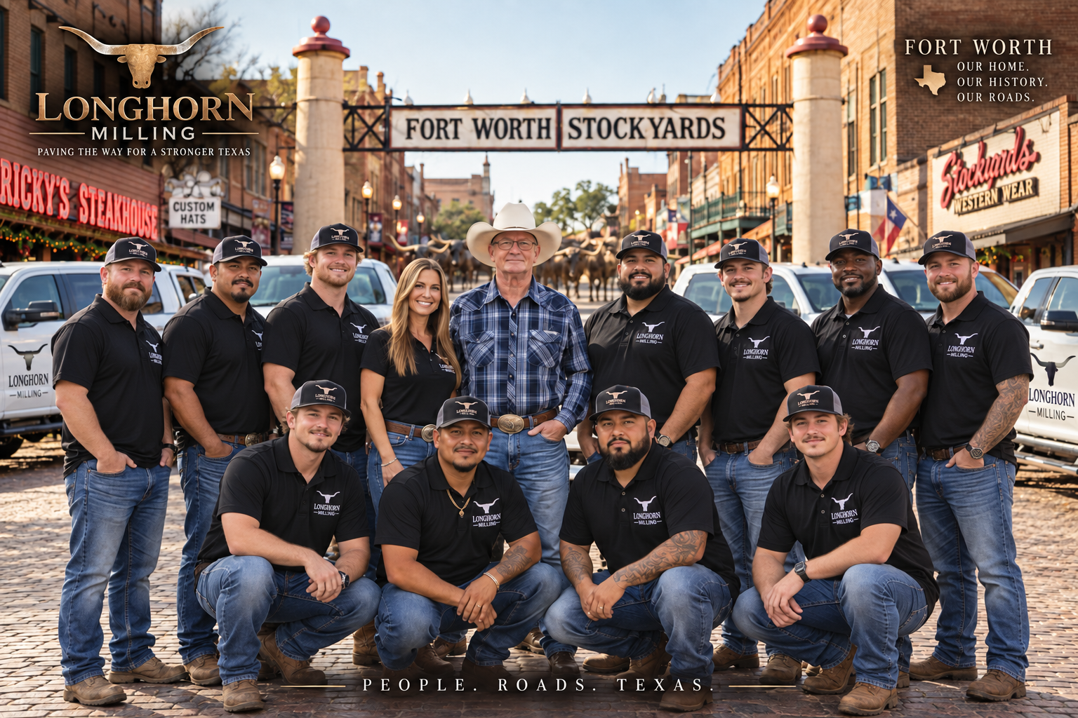 Longhorn Milling-branded group portrait at the Fort Worth Stockyards, with trucks, the Longhorn logo, and the words People. Roads. Texas.